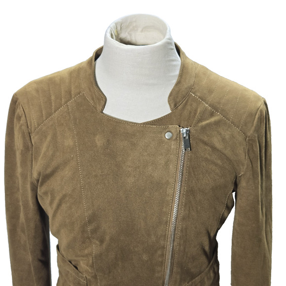 Vero Moda Jacket Suede Biker Size Small Womens Brown Full‎ Zip Cropped Lined - Picture 4 of 12
